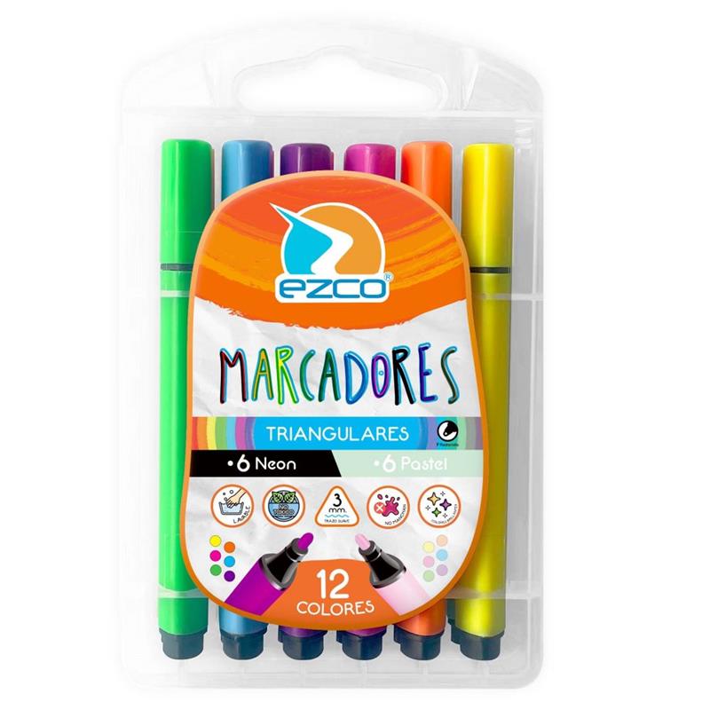 MARCADOR EZCO TRIANGULAR x 12 u. Pastel+Neón