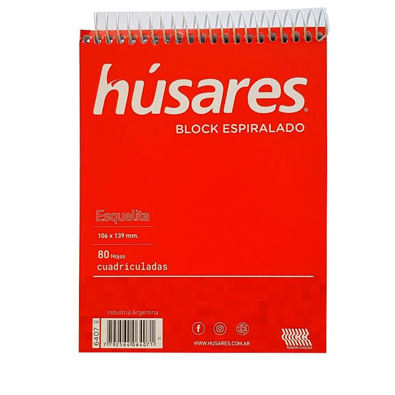 BLOCK HUSARES ESQUELITA x 80 h. Cuadriculado con Espiral